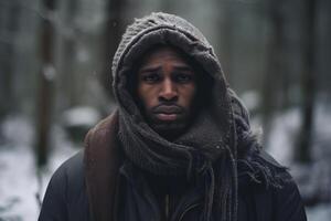 ai généré africain américain homme perdu dans forêt à hiver soir, neural réseau généré photoréaliste image photo
