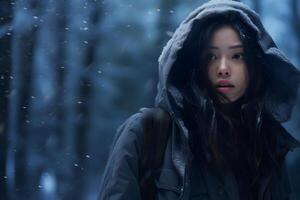 ai généré asiatique fille perdu dans neigeux hiver forêt à jour, neural réseau généré photoréaliste image photo