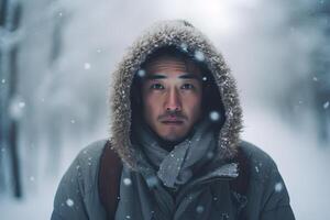 ai généré asiatique Jeune adulte homme perdu dans forêt à neigeux hiver jour, neural réseau généré photoréaliste image photo