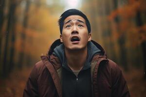 ai généré asiatique homme perdu dans forêt à l'automne soir, neural réseau généré photoréaliste image photo