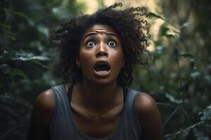 ai généré africain américain femme perdu dans forêt à été jour, neural réseau généré photoréaliste image photo