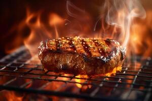 ai généré savoureux du boeuf steak mensonge sur acier grille avec Feu flammes autour, neural réseau généré photoréaliste image photo