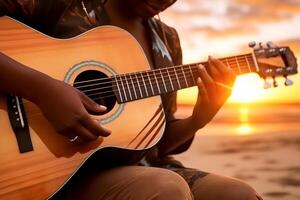 ai généré africain américain personne mains en jouant acoustique guitare sur sablonneux plage à le coucher du soleil temps. en jouant la musique concept, neural réseau généré photoréaliste image photo