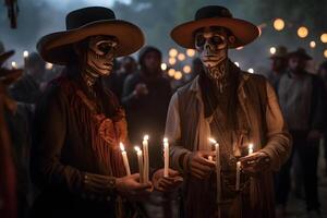 ai généré deux costumé cow-boys avec crâne maquillage permanent avec bougies à le un événement pour dia de los muertos à nuit, neural réseau généré image photo