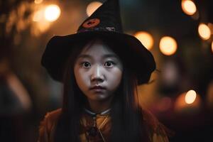 ai généré proche portrait de Jeune asiatique fille habillé dans costume pour Halloween faire la fête, neural réseau généré photoréaliste image photo