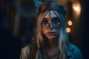 ai généré proche portrait de Jeune caucasien fille habillé dans costume pour Halloween faire la fête, neural réseau généré photoréaliste image photo