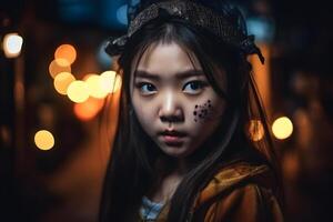 ai généré proche portrait de Jeune asiatique fille habillé dans costume pour Halloween faire la fête, neural réseau généré photoréaliste image photo