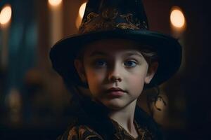 ai généré proche portrait de Jeune caucasien fille habillé dans costume pour Halloween faire la fête, neural réseau généré photoréaliste image photo