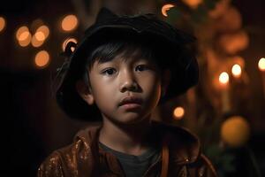 ai généré proche portrait de Jeune asiatique garçon habillé dans costume pour Halloween faire la fête, neural réseau généré photoréaliste image photo