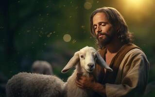 ai généré une Bible Jésus berger avec le sien troupeau de mouton pendant le coucher du soleil. génératif ai photo