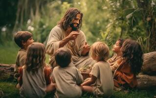 ai généré Jésus Christ parlant à enfants, Jésus et les enfants souriant. génération ai photo