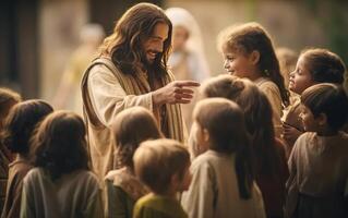 ai généré Jésus Christ parlant à enfants, Jésus et les enfants souriant. génération ai photo