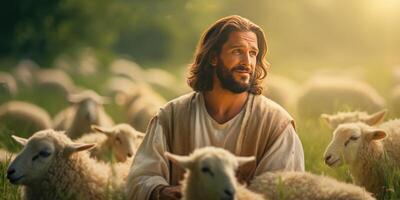 ai généré une Bible Jésus berger avec le sien troupeau de mouton pendant le coucher du soleil. génératif ai photo