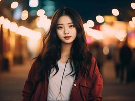 ai généré portrait de une magnifique Jeune asiatique femme dans le ville à nuit photo