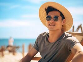 ai généré portrait de une Beau Jeune homme dans chapeau et des lunettes de soleil sur le plage photo