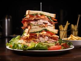 ai généré sandwich avec jambon, fromage, laitue, tomate et français frites photo