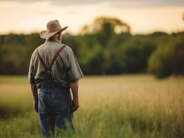ai généré portrait de une Sénior agriculteur permanent dans une blé champ à le coucher du soleil photo