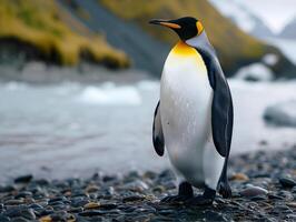 ai généré Roi manchot permanent sur une Roche sur le la glace dans Antarctique. photo