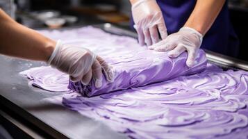 ai généré fabrication délicieux violet Suisse rouleau gâteau photo