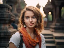 ai généré portrait de une magnifique Jeune femme avec rouge cheveux et Orange écharpe photo