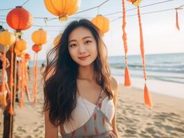 ai généré magnifique asiatique femme sur le plage avec papier lanternes. photo