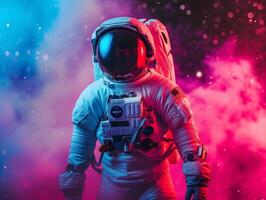 ai généré astronaute dans scaphandre permanent contre coloré Contexte avec fumée. photo