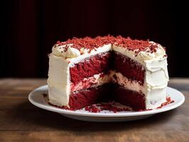 ai généré rouge velours gâteau avec fouetté crème sur en bois Contexte. sélectif se concentrer. photo