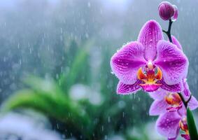 ai généré violet et rose orchidée fleurs dans plein floraison, mettant en valeur le beauté de la nature tropical fleurs photo