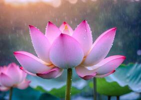 ai généré rose lotus fleurs dans une jardin étang photo