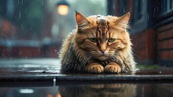 ai généré sans abri triste chaton sur le rue. fond d'écran photo