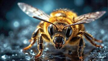 ai généré une proche en haut de une abeille sur une Roche avec une bleu Contexte et une pluvieux Contexte photo