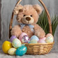 ai généré nounours marron ours dans une panier avec Pâques coloré des œufs photo