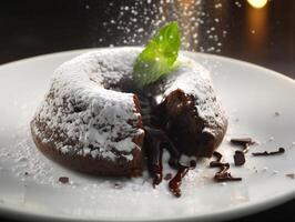 ai généré Chocolat fondant avec menthe feuille et en poudre sucre liquide Chocolat photo