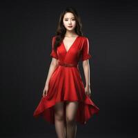 ai généré une femme dans une rouge robe posant dans de face de une rouge Contexte photo