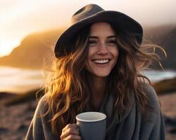 ai généré le fille dans le chapeau en portant café sur le plage à lever du soleil, café image photo