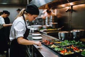 ai généré Maître chef cuisinier femme mains précisément cuisine pansement en train de préparer savoureux Frais délicieux l'eau à la bouche gourmet plat nourriture sur assiette les clients 5 étoiles Michelin restaurant cuisine fermer photo