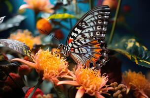 ai généré coloré papillon perché gracieusement sur vibrant Orange fleur, insectes et papillons image photo