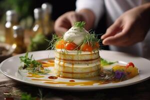 ai généré Maître chef cuisinier homme mains précisément cuisine pansement en train de préparer savoureux Frais délicieux l'eau à la bouche gourmet plat nourriture sur assiette à les clients 5 étoiles Michelin restaurant cuisine fermer photo