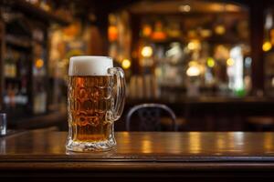 ai généré du froid Frais éclat délicieux sans bouteille artisanat Bière mousse agresser verre tonnelet Bière en bois table bar pub. Brasserie de l'alcool non alcoolique boisson fête dégustation vacances oktoberfest Munich photo