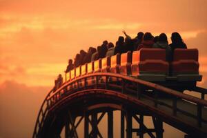 ai généré étourdi enthousiaste content marrant sous le choc étonné femme merveille homme en hurlant en hurlant gens effrayé peur fille crier crier hurler joyeux équitation montagnes russes amusement parc incroyable photo