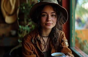 ai généré une Jeune femme en portant café, image de café photo