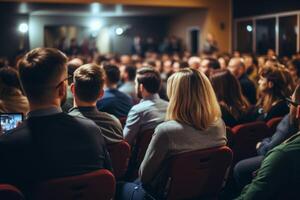 ai généré diverse groupe dos de Jeune gens séance en plein air homme femme élèves écoute orateur en train de regarder présentation conférence cinéma concert. affaires éducation apprentissage étude photo