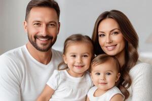 ai généré maman et papa avec deux petit enfants, fermer. famille portrait, le concept de famille rapports. le programme de Etat soutien pour des familles avec les enfants photo