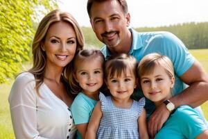 ai généré maman et papa avec Trois petit enfants, fermer. famille portrait, le concept de famille rapports. le programme de Etat soutien pour des familles avec les enfants photo