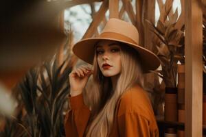 ai généré portrait magnifique élégant jolie charmant Jeune européen femme Dame fille femelle posant l'automne la nature professionnel photo session modèle. rouge rouge à lèvres chapeau photographe élégant mode