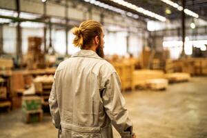 homme ouvriers ingénierie permanent avec confiance avec travail suite robe et main gant dans de face machine. concept de intelligent industrie ouvrier en fonctionnement. bois usine produire bois palais. photo