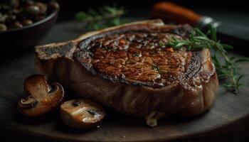 ai généré grillé steak, juteux et offre, sur rustique en bois assiette généré par ai photo