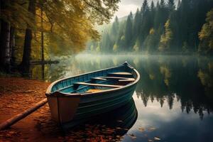 ai généré en bois bateau sur une tranquille Lac ,canoë sur le Lac dans le l'automne forêt. magnifique paysage ai généré photo