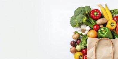 ai généré en bonne santé nourriture dans papier sac des légumes et des fruits sur blanc Contexte. ai généré photo