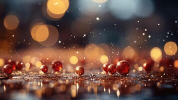 ai généré célébrer l'hiver la magie avec enchanteur vacances coloré de bokeh brillant brille d'or des balles sur une rouge-argent toile de fond, création une joyeux et de fête atmosphère Contexte photo